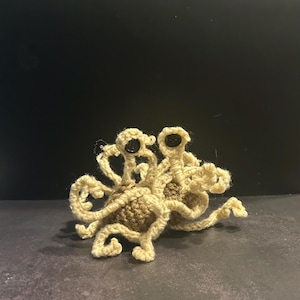 Könnte beinhalten: Handgefertigte Häkelskulptur des Fliegenden Spaghettimonsters. Die Skulptur hat einen Körper aus beigefarbenem Garn mit cremefarbenen, spaghettiartigen Anhängseln und zwei Knopfaugen. Der Hintergrund ist dunkel.