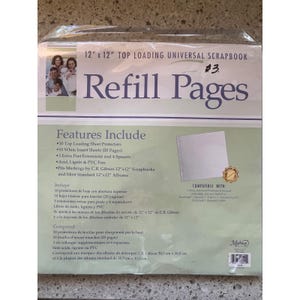 May include: A 12 inch by 12 inch top loading universal scrapbook refill pages package. The packaging features text including Features Include, 10 Top Loading Sheet Protectors, 10 White Insert Sheets, and 3 Extra Post Extensions and 4 Spacers.