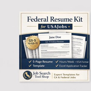 May include: A Federal Resume Kit for USAJobs is displayed. The kit includes a 5-page resume template, and an Excel application tracker. The kit is designed for GS-5 to GS-11 positions. The kit is from the Job Search Tool Shop.