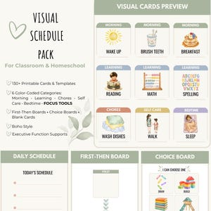 May include: A visual schedule pack for classroom and homeschool use, featuring 130+ printable cards and templates. Includes colour-coded categories like morning, learning, chores, self-care, and bedtime, plus first-then boards and choice boards.
