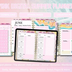 Könnte beinhalten: Ein rosa digitaler Sommerplaner, der auf einem Tablet-Bildschirm und als offene Seiten angezeigt wird. Der Planer enthält Registerkarten für Juni, Juli und August, einen Eiscreme-Tracker, Tagesplan-Layouts und ein Strand-Design.