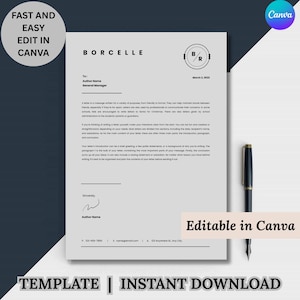 Könnte beinhalten: Eine Briefkopfvorlage mit dem Namen "BORCELLE" oben. Das Design beinhaltet ein kreisförmiges Logo und den Text "FAST AND EASY EDIT IN CANVA" und "Editable in Canva". Ein schwarzer Stift befindet sich auf der rechten Seite des Briefes.