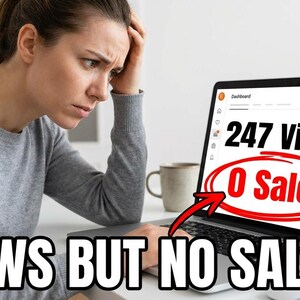 May include: A woman in a gray sweater looks concerned while sitting in front of a laptop. The laptop screen displays "247 Views" and "0 Sales" in a red circle. The text "VIEWS BUT NO SALES?" is at the bottom.