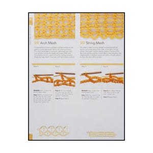 Op de afbeelding: Een pagina uit een haakstekenboek met gele garenvoorbeelden van Arch Mesh en String Mesh. De pagina bevat stapsgewijze instructies, diagrammen en tekst waarin de technieken voor het maken van deze opengewerkte patronen worden uitgelegd.