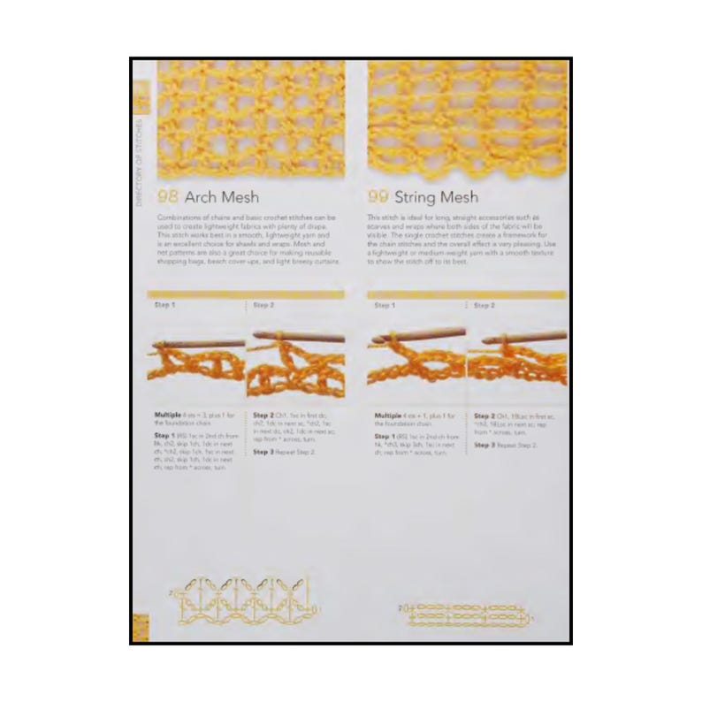 Op de afbeelding: Een pagina uit een haakstekenboek met gele garenvoorbeelden van Arch Mesh en String Mesh. De pagina bevat stapsgewijze instructies, diagrammen en tekst waarin de technieken voor het maken van deze opengewerkte patronen worden uitgelegd.