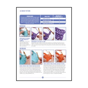 Op de afbeelding: Een pagina getiteld 46 Crochet Patterns met instructieve diagrammen voor het meerderen en minderen van steken. De pagina bevat een tabel voor keerlossen, stapsgewijze foto's met blauw, paars en oranje garen, en bijbehorende tekst.