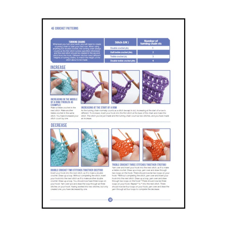 Op de afbeelding: Een pagina getiteld 46 Crochet Patterns met instructieve diagrammen voor het meerderen en minderen van steken. De pagina bevat een tabel voor keerlossen, stapsgewijze foto's met blauw, paars en oranje garen, en bijbehorende tekst.