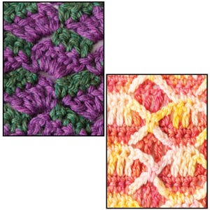 May include: Two swatches of crocheted fabric. The first swatch features a repeating shell stitch pattern in alternating shades of deep purple and forest green. The second swatch displays a textured lattice stitch pattern in variegated pink, yellow, and white yarn.