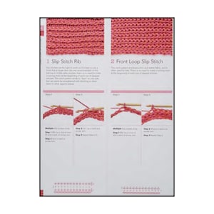 Op de afbeelding: Een instructiepagina met details over twee haaktechnieken: Slip Stitch Rib en Front Loop Slip Stitch. De pagina bevat close-upfoto's van roze garenstalen, stapsgewijze diagrammen met een haaknaald en geschreven instructies.