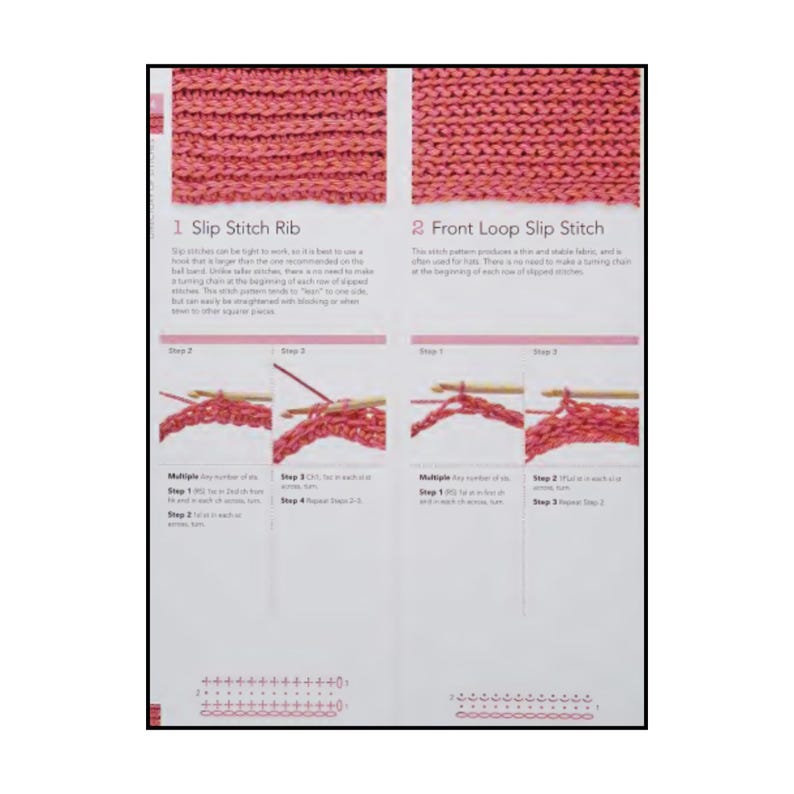 Op de afbeelding: Een instructiepagina met details over twee haaktechnieken: Slip Stitch Rib en Front Loop Slip Stitch. De pagina bevat close-upfoto's van roze garenstalen, stapsgewijze diagrammen met een haaknaald en geschreven instructies.