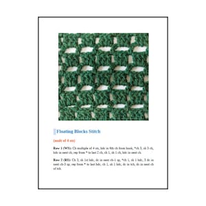 May include: A swatch of dark green yarn worked in a floating blocks crochet stitch pattern. Below the swatch, the text reads Floating Blocks Stitch, mult of 4 sts, Row 1 (WS): Ch multiple of 4 sts, hdc in 6th ch from hook, *ch 3, sk 3 ch, hdc in next ch; rep from * to last 2 ch, ch 1, sk 1 ch, hdc in next ch. Row 2 (RS): Ch 3, sk 1 hdc, dc in next ch-1 sp, *ch 1, sk 1 hdc, 3 dc in next ch-3 sp; rep from * to last hdc, ch 1, sk 1 hdc, dc in tch, dc in next ch of tch.