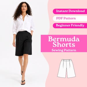 Può includere: Un cartamodello digitale per bermuda con il testo Instant Download, PDF Pattern, Beginner Friendly, Bermuda Shorts, Sewing Pattern e un disegno al tratto del pantaloncino. L'immagine mostra una camicia bianca abbottonata e pantaloncini neri.