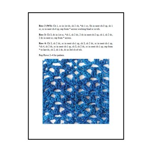 May include: A crochet pattern document featuring written instructions for rows two through four, followed by a square swatch of blue yarn worked in a repeating shell stitch pattern. The text includes specific stitch abbreviations and row counts.