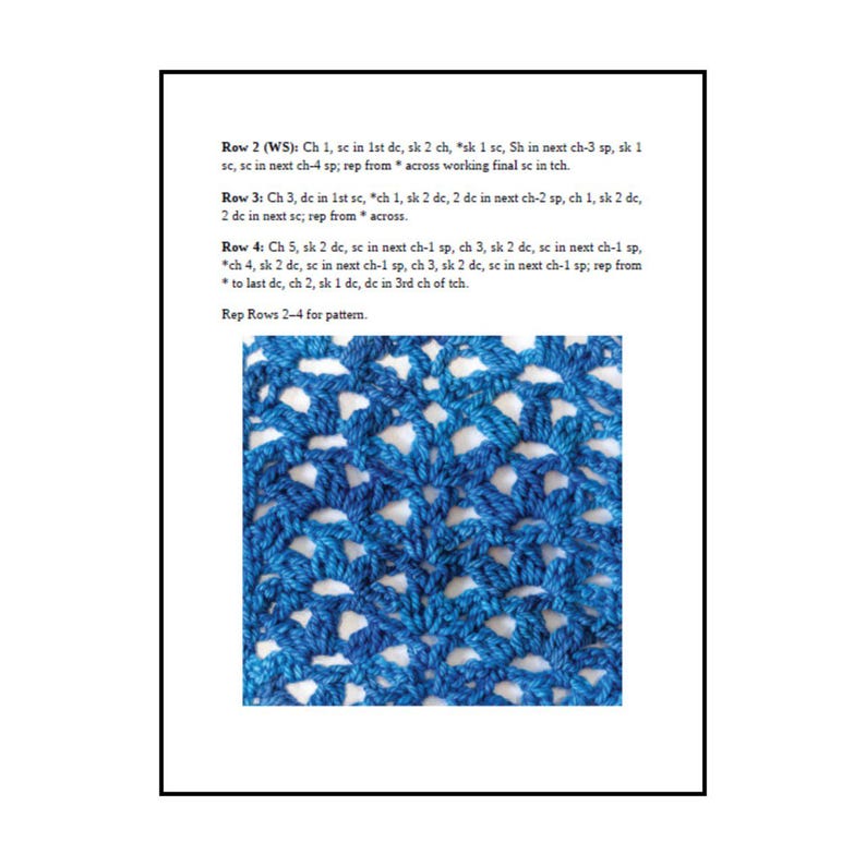 May include: A crochet pattern document featuring written instructions for rows two through four, followed by a square swatch of blue yarn worked in a repeating shell stitch pattern. The text includes specific stitch abbreviations and row counts.