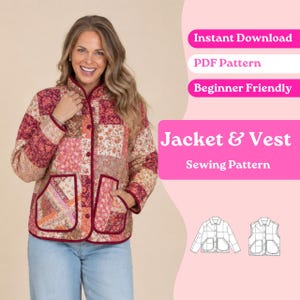 Op de afbeelding: Een jas met lange mouwen en een patchworkontwerp met diverse bloemen- en geometrische patronen in rood-, roze- en crèmetinten. De jas heeft een knoopsluiting, twee voorzakken en een donkerrode bies. Tekst bevat Jacket & Vest Sewing Pattern.