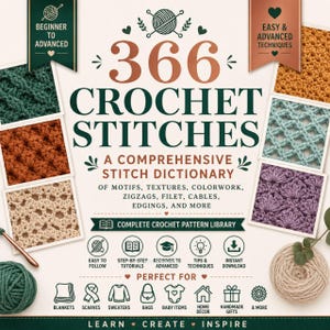 Puede incluir: Una portada de libro titulada 366 Crochet Stitches: A Comprehensive Stitch Dictionary of Motifs, Textures, Colorwork, Zigzags, Filet, Cables, Edgings, and More. La portada muestra varias muestras de ganchillo, iconos de tutoriales y texto.