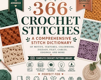 Op de afbeelding: Een boekomslag met de titel 366 Crochet Stitches: A Comprehensive Stitch Dictionary of Motifs, Textures, Colorwork, Zigzags, Filet, Cables, Edgings, and More. De omslag toont diverse haaksteken, iconen voor instructies en tekstlabels.