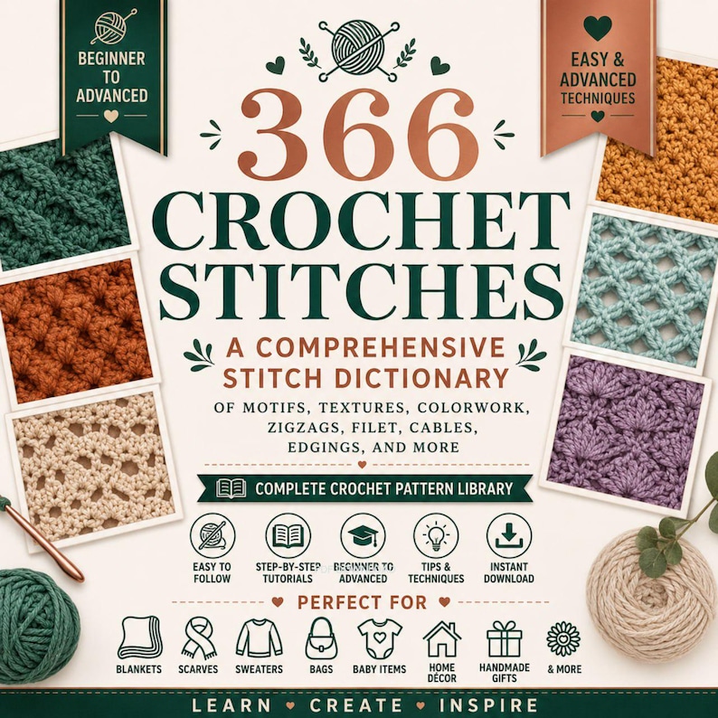 May include: A book cover titled 366 Crochet Stitches: A Comprehensive Stitch Dictionary of Motifs, Textures, Colourwork, Zigzags, Filet, Cables, Edgings, and More. The cover features various crochet swatch samples, icons for tutorials, and text labels.