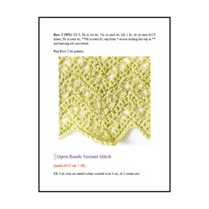 May include: A crochet pattern document featuring a light green swatch with an openwork stitch design. The text includes instructions for Row 2, the title Open Bands Variant Stitch, the multiple of 17 sts + 16, and a cluster stitch definition.