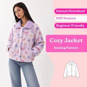 May include: A lavender fleece jacket with a repeating pattern of pink bows and multi-colored flowers, featuring a solid lavender collar, long sleeves, and a button-front closure. Text includes Instant Download, PDF Pattern, Beginner Friendly, Cozy Jacket.