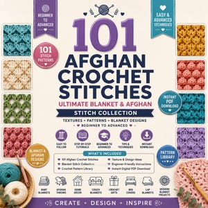 Puede incluir: Una guía digital titulada 101 Afghan Crochet Stitches que presenta una colección de patrones para mantas y afganos. La portada muestra varias texturas de puntos coloridas, iconos de tutoriales y una lista de contenidos incluidos.