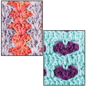 May include: Two swatches of crocheted fabric. The left swatch features a repeating shell stitch pattern in variegated shades of orange, peach, and light grey. The right swatch displays a light blue grid pattern with dark purple heart-shaped motifs.