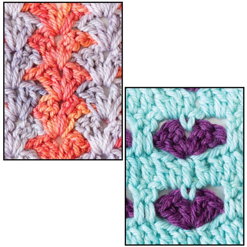 May include: Two swatches of crocheted fabric. The left swatch features a repeating shell stitch pattern in variegated shades of orange, peach, and light grey. The right swatch displays a light blue grid pattern with dark purple heart-shaped motifs.