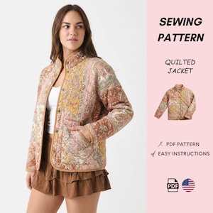 Könnte beinhalten: Eine gesteppte Jacke mit einem mehrfarbigen Paisley- und Blumenmuster in gedämpften Orange-, Gelb-, Grün- und Cremetönen. Die Jacke hat einen Stehkragen, lange Ärmel und eine Knopfleiste vorne mit beigefarbenen Kanten. Text lautet SEWING PATTERN.