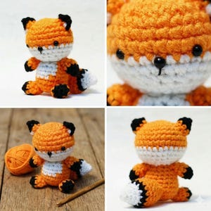 Peut inclure: Un jouet renard crocheté à la main. Le renard est principalement orange, avec un ventre, un visage et le bout de la queue blancs. Il a des accents noirs sur les oreilles et les pattes. Le jouet est assis, ses pattes et sa queue étant visibles.