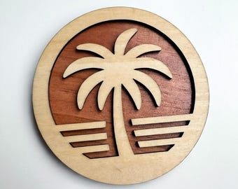 Layered Basswood Palm Tree Coaster Set | Tropical Beach House Decor (Set of Four)
