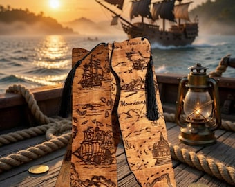 Laser Cut Wooden Pirate Map Bookmark – Nautical Adventure Tassel Design