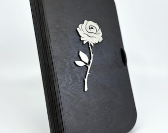 Living Hinge Keepsake Box – Black Basswood Journal, Silver Rose Laser Cut Cover