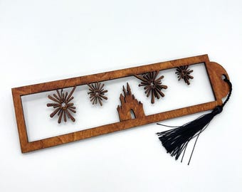 Magical Castle Bookmark - Laser Cut Wooden Bookmark with Fireworks & Castle Silhouette, Theme Park Inspired Fairy Tale Gift, Tassel Bookmark