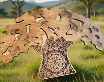 Layered Basswood Tree of Life Wall Art | Hand-Painted Animal Kingdom Mandala Decor