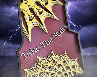 Tower of Terror "Take The Stairs"  Wall Art | Disney Inspired Layered Wood Sign | Lightning Spooky Disney Home Decor