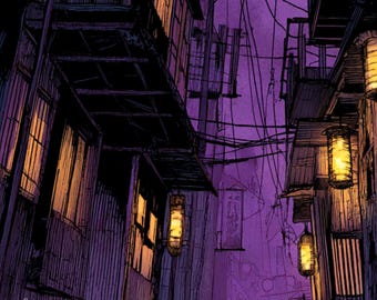 Purple Night Alley Wall Art Print, Dark Asian Street Lantern Decor, Moody Ancient City Poster, Gothic East Asian Aesthetic, Instant Download