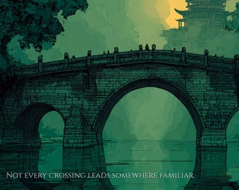 Ancient Stone Bridge Wall Art Print, Dark Emerald River Decor, Chinese Arch Bridge Pagoda Poster, Moody Asian Aesthetic, Instant Download