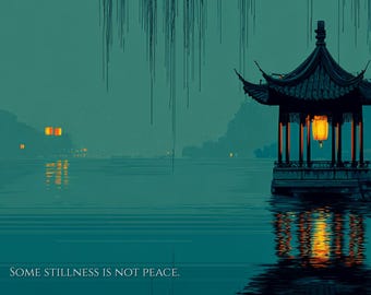 Dark Lake Pavilion Wall Art Print, Teal Night Willow Decor, Chinese Waterside Gazebo Poster, Moody East Asian Aesthetic, Instant Download