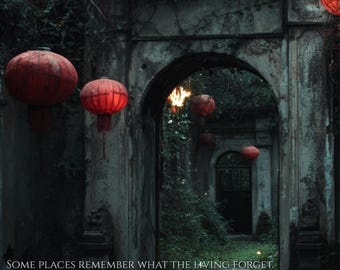 Abandoned Chinese Courtyard Wall Print, Dark Red Lantern Ruins Decor, Overgrown Garden Gate Poster, Moody Chinese Ruins, Instant Download