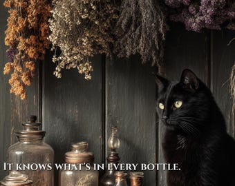 Witchy Wall Art Print, Black Cat Apothecary Decor, Dark Herb Shelf Cottage Poster, Moody Gothic Aesthetic, Instant Download