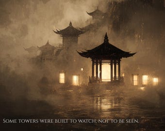 Dark Chinese Pagoda Wall Art Print, Ink Wash Fantasy Decor, Misty Mountain Temple Poster, Moody Asian Landscape Print, Instant Download