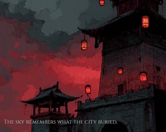 Dark Chinese City Wall Art Print, Crimson Sky Fortress Decor, Ancient Watchtower Lantern Poster, Dark Fantasy Asian Art, Instant Download