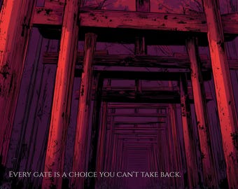 Crimson Torii Gate Wall Art Print, Dark Japanese Shrine Tunnel Decor, Cursed Forest Path Poster, Moody Japan Aesthetic, Instant Download