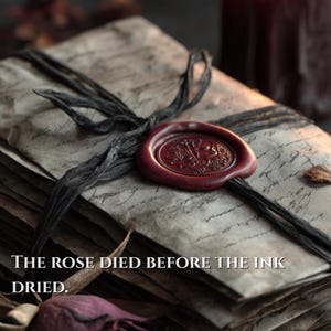 May include: A stack of aged paper letters tied with a black ribbon and sealed with a red wax stamp. The letters have handwritten script and the text "THE ROSE DIED BEFORE THE INK DRIED."