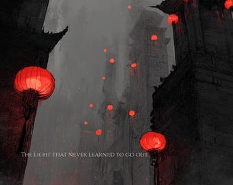 Dark Chinese Lantern Wall Art Print, Asian Gothic Fantasy Decor, Red Lantern Temple Poster, Moody East Asian Aesthetic, Instant Download