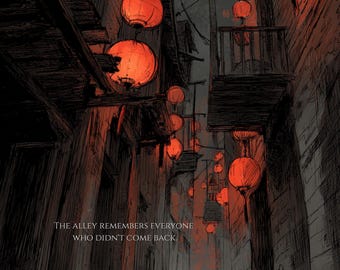 Dark Chinese Alley Wall Art Print, Red Lantern Night Street Decor, Moody Ancient City Poster, Chinese Gothic Decor, Instant Download