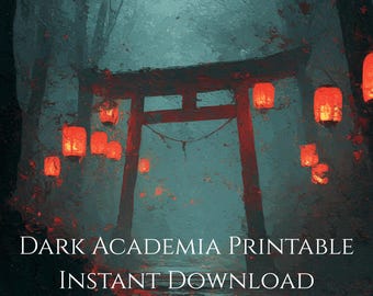 Japanese Torii Gate Wall Art Print, Dark Forest Shrine Decor, Mystical Red Lantern Poster, Moody Asian Aesthetic, Instant Download