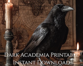 Raven Antique Map Wall Art Print, Dark Academia Scholar Decor, Gothic Crow Candlelight Poster, Moody Study Aesthetic, Instant Download