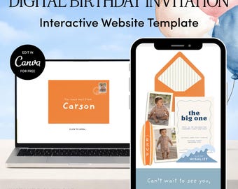 Plantilla web de cumpleaños de surf "The Big One" / Descarga editable en Canva