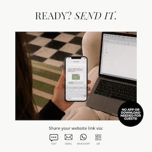 Może przedstawiać: Smartfon wyświetlający cyfrową wiadomość z zaproszeniem z tekstem READY? SEND IT. na g&oacute;rze oraz NO APP OR DOWNLOAD NEEDED FOR GUESTS! w czarnym kole. Ikony wiadomości tekstowej, e-maila, WhatsApp i kodu QR znajdują się pod telefonem.
